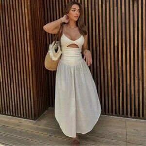 Zara Cutout Combination Midi Dress Ecru White NWT Size Large